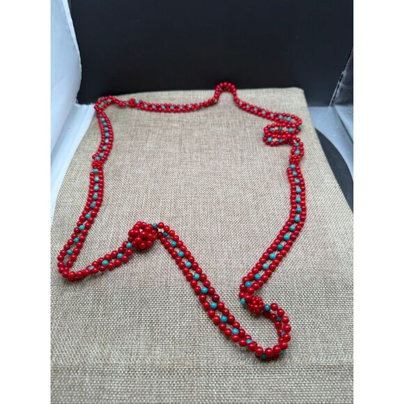 Long Red & Turquoise Glass Bead Necklace with Knotted Accents Unique - Picture 4 of 10